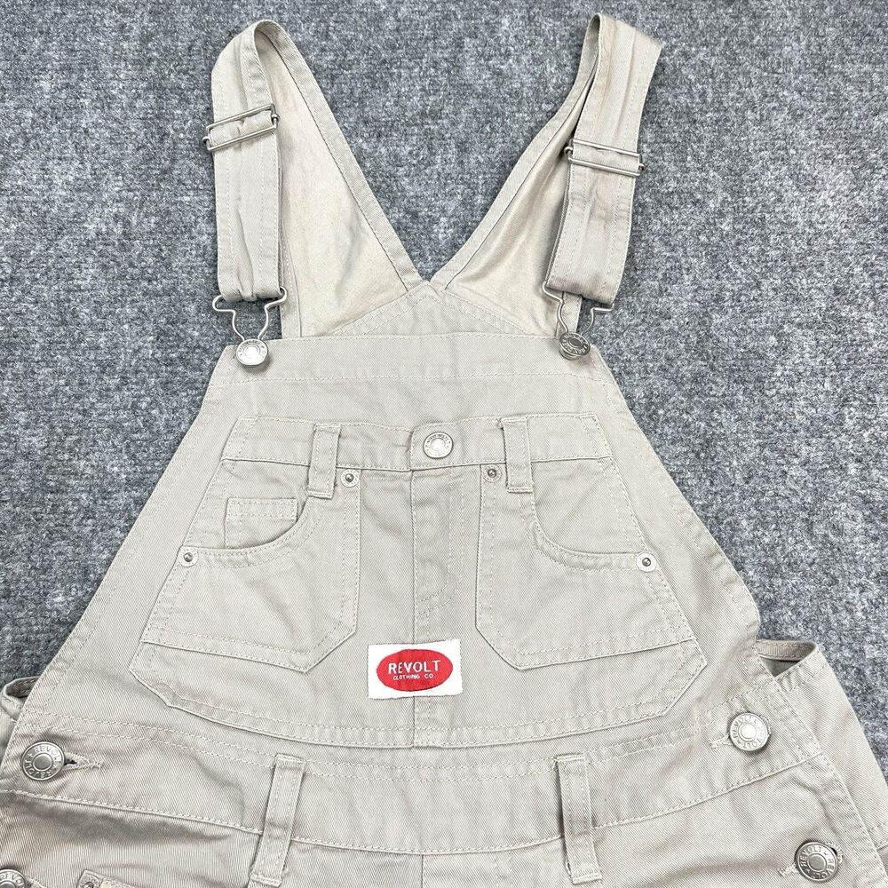 Revolt Overall Shorts Womens Small Tan Khaki Bib Shortalls Utility Vintage 90s - Picture 3 of 11